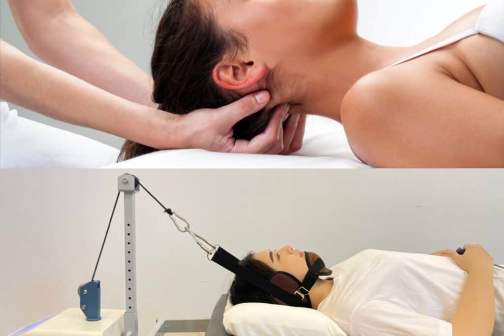Patient receiving manual cervical traction therapy for neck pain relief.