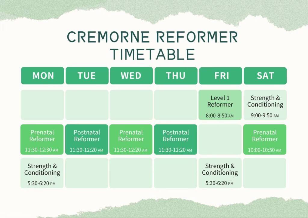 Cremore Reformer timetable with prenatal and postnatal classes in Sydney.