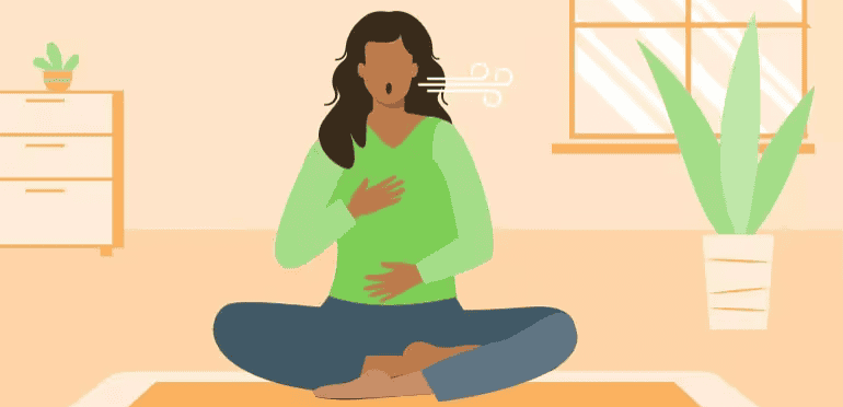 Gentle woman practicing pelvic floor exercises after childbirth at home.