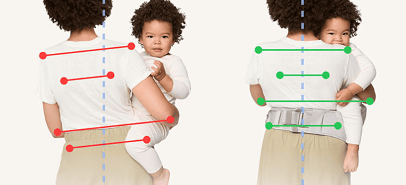 A woman measuring her pelvic area with a child on her back, demonstrating postpartum pelvic health.