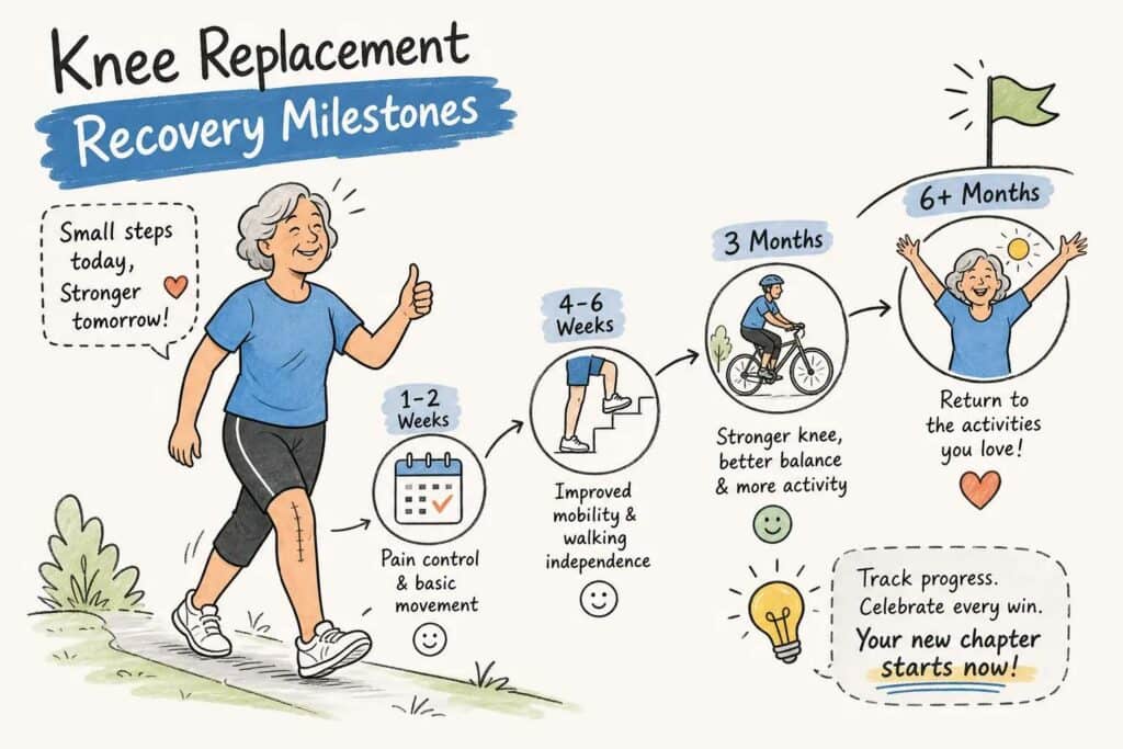 Knee replacement recovery milestones infographic from DX Physio + Reformer Pilates.